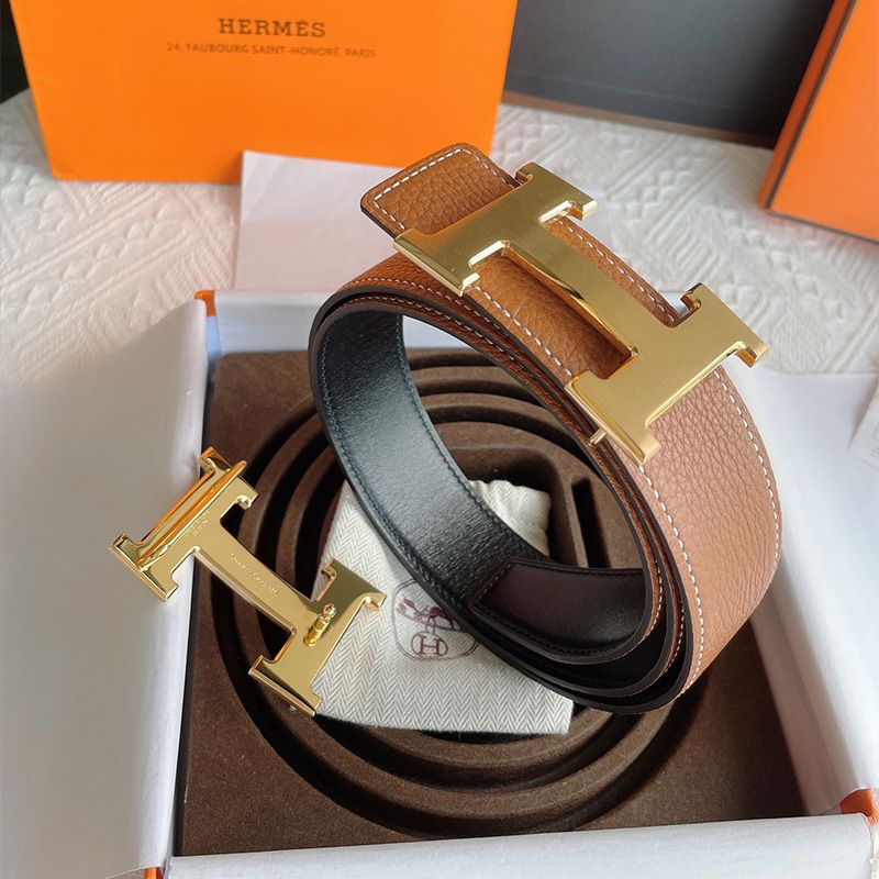 Hermes H Logo Buckle 38 Reversible Belt Leather In Brown Black