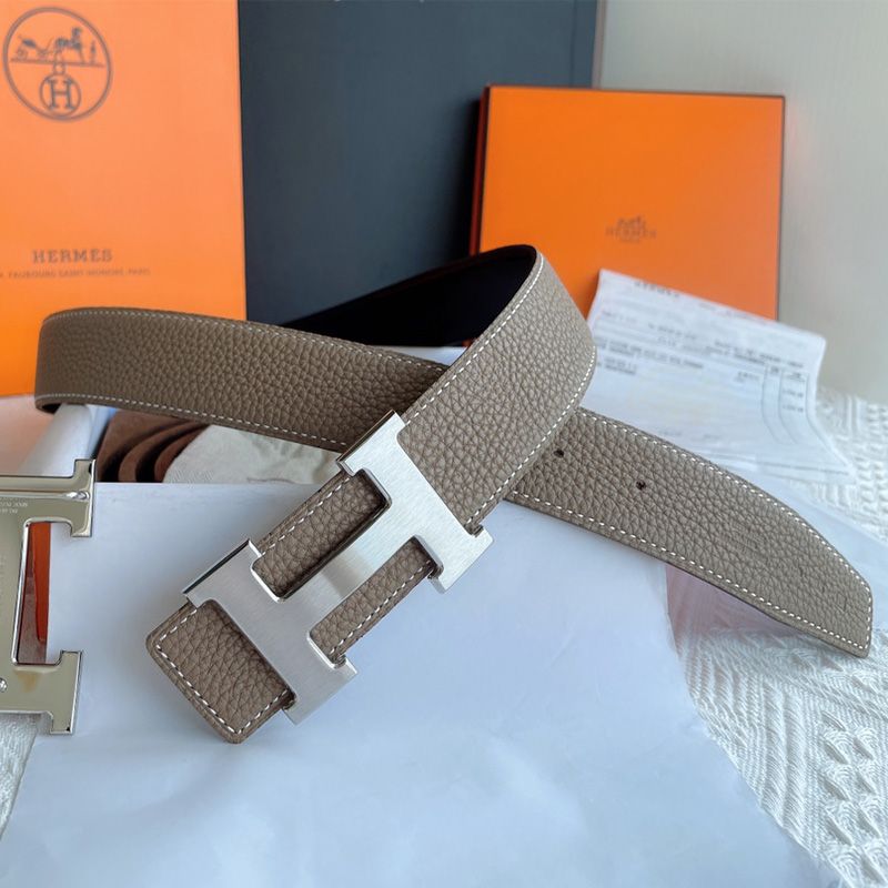 Hermes H Logo Buckle 38 Reversible Belt Leather In Grey Black