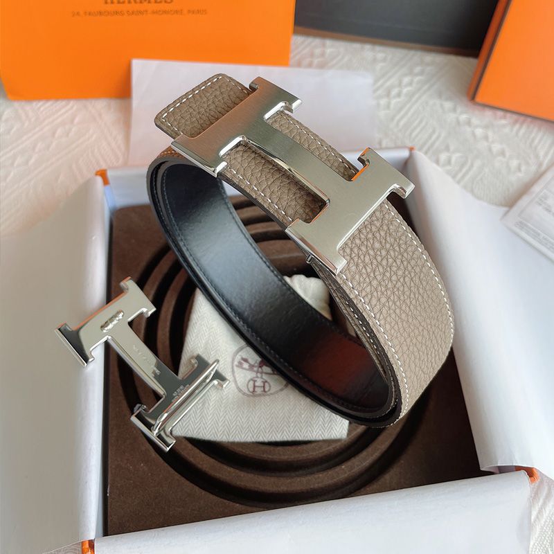 Hermes H Logo Buckle 38 Reversible Belt Leather In Grey Black