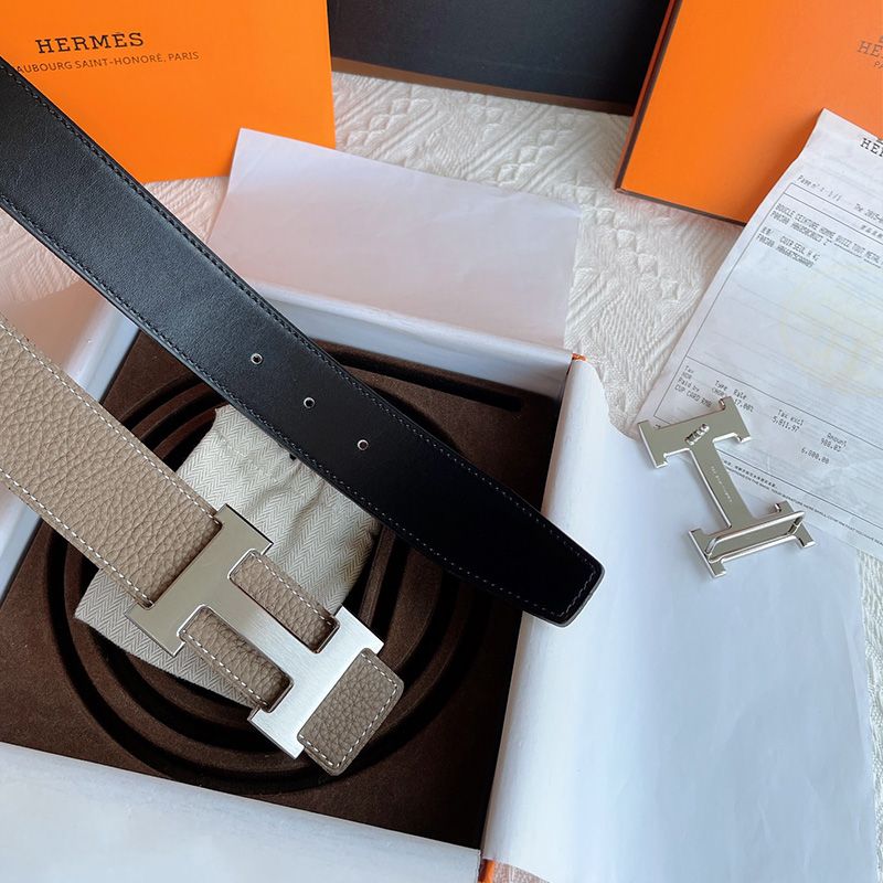 Hermes H Logo Buckle 38 Reversible Belt Leather In Grey Black