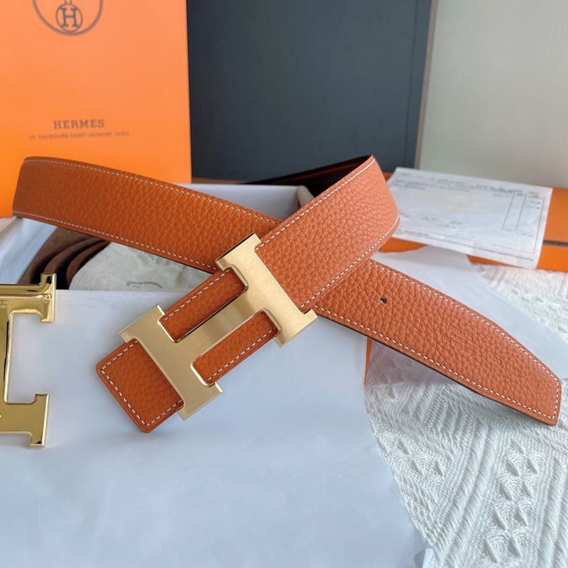 Hermes H Logo Buckle 38 Reversible Belt Leather In Orange Black