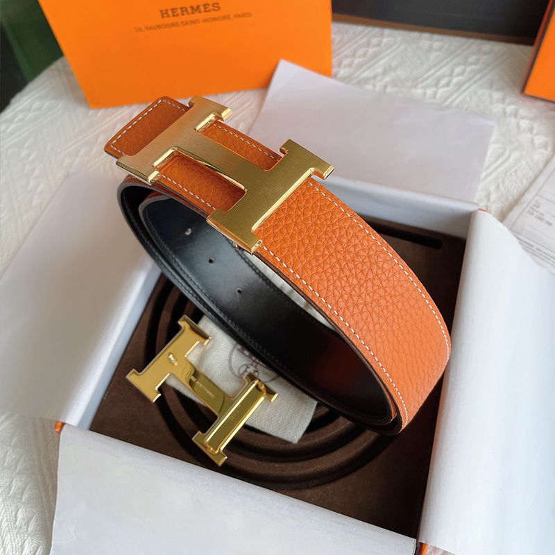 Hermes H Logo Buckle 38 Reversible Belt Leather In Orange Black