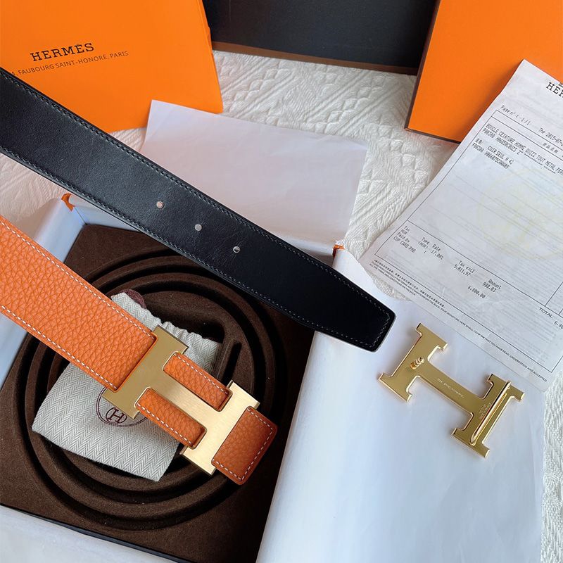 Hermes H Logo Buckle 38 Reversible Belt Leather In Orange Black