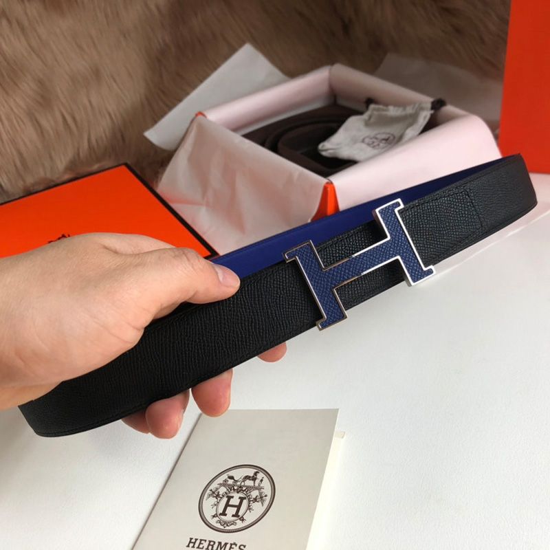 Hermes H Enamel Buckle 32MM Reversible Belt Epsom Leather In Blue