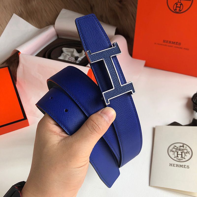 Hermes H Enamel Buckle 32MM Reversible Belt Epsom Leather In Blue