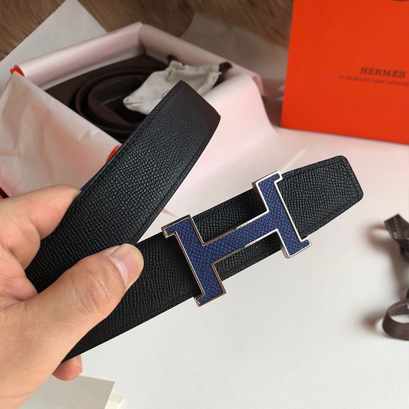 Hermes H Enamel Buckle 32MM Reversible Belt Epsom Leather In Blue