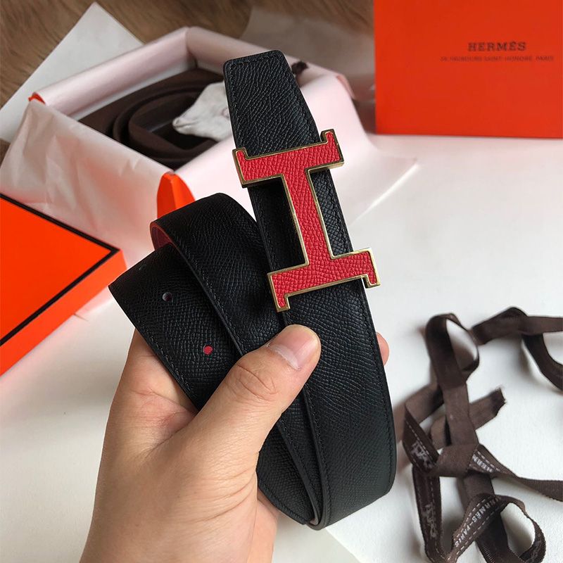 Hermes H Enamel Buckle 32MM Reversible Belt Epsom Leather In Red