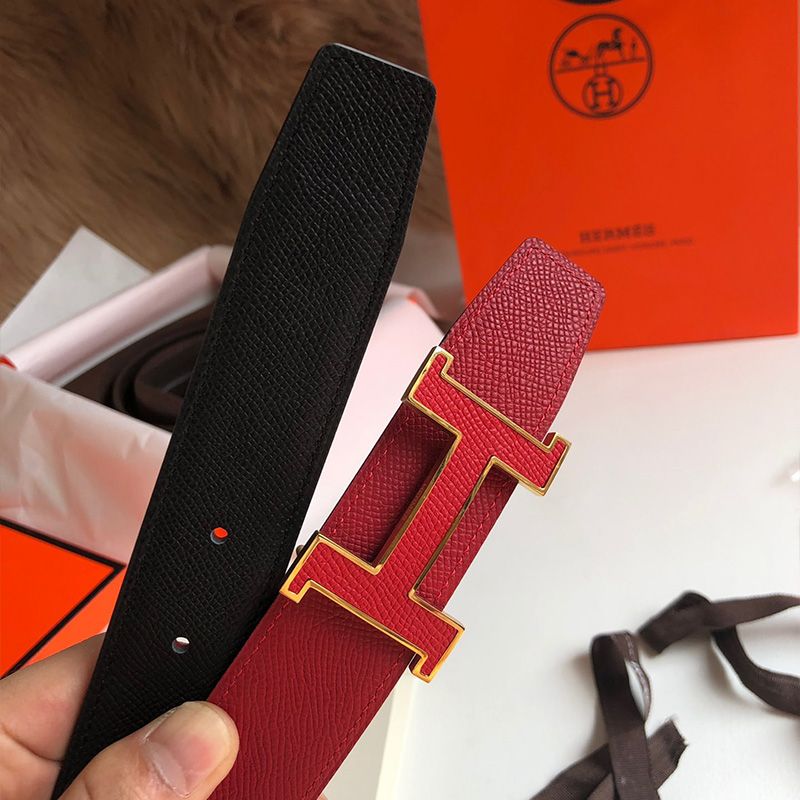 Hermes H Enamel Buckle 32MM Reversible Belt Epsom Leather In Red