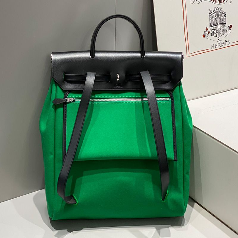 Hermes Herbag A Dos Zip Backpack Canvas Palladium Hardware In Green