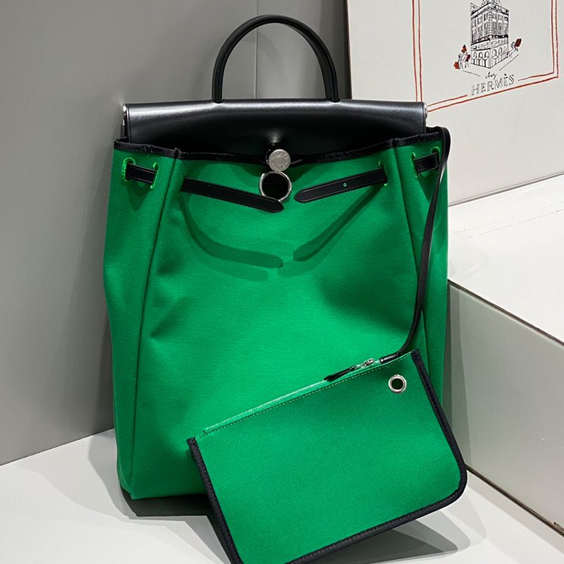 Hermes Herbag A Dos Zip Backpack Canvas Palladium Hardware In Green