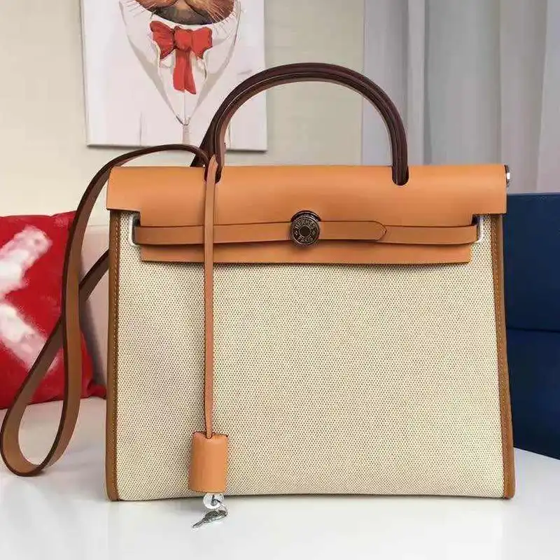 Affordable Hermes Herbag Bag Canvas Palladium Hardware In Beige Brown