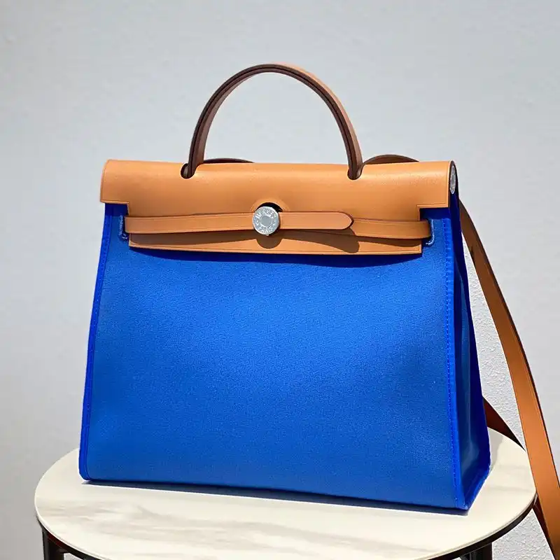 Hermes Herbag Bag Canvas Palladium Hardware In Blue Brown