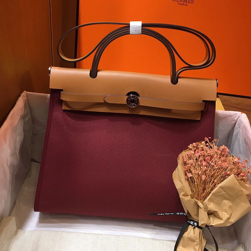 Hermes Herbag Bag Canvas Palladium Hardware In Burgundy Brown