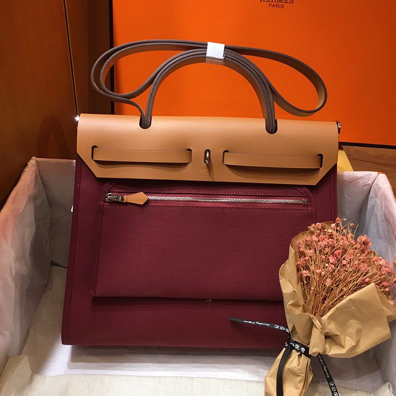 Hermes Herbag Bag Canvas Palladium Hardware In Burgundy Brown