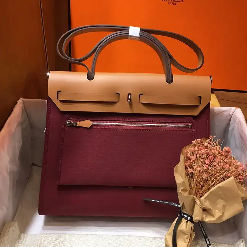 Cheap Hermes Herbag Bag Canvas Palladium Hardware In Burgundy Brown