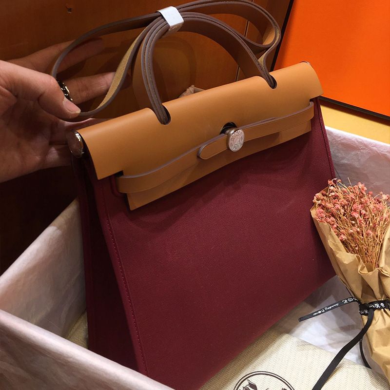 Hermes Herbag Bag Canvas Palladium Hardware In Burgundy Brown