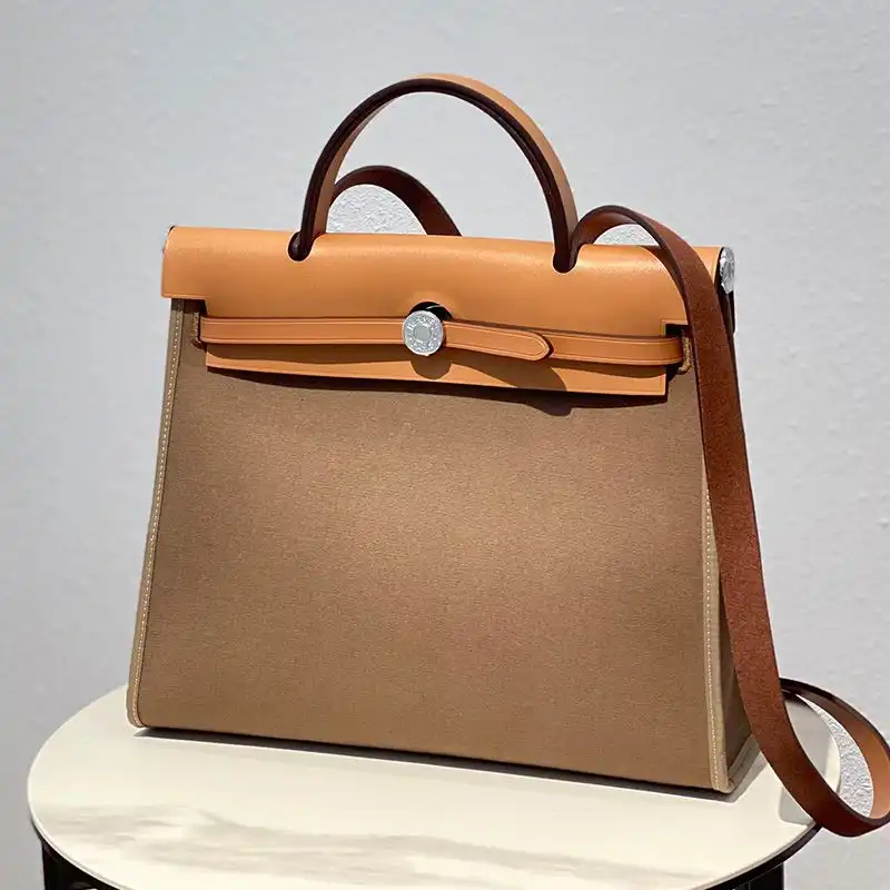 Hermes Herbag Bag Canvas Palladium Hardware In Khaki Brown