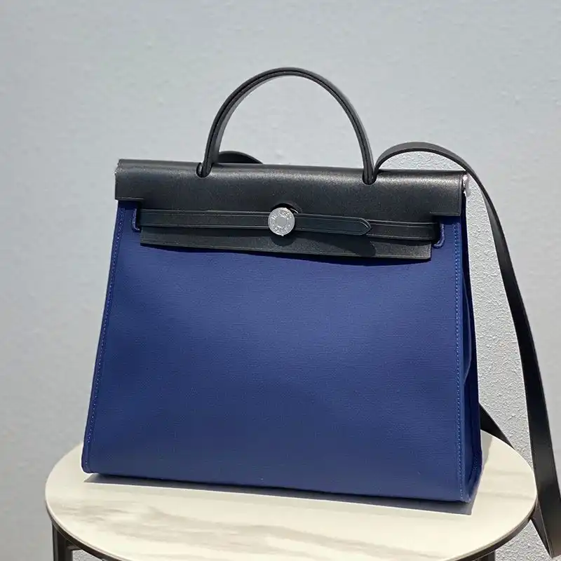 Hermes Herbag Bag Canvas Palladium Hardware In Navy Blue Black