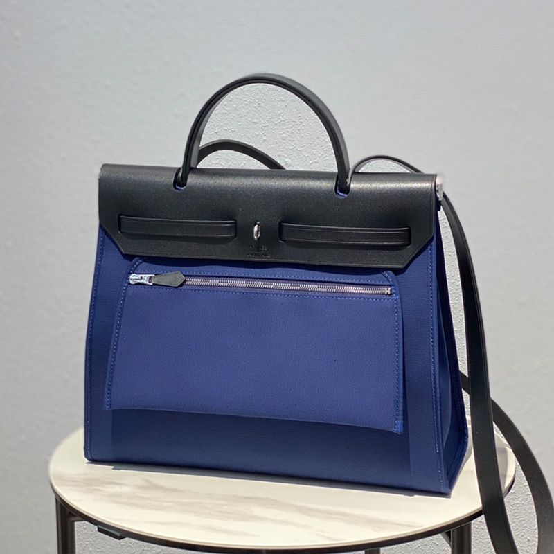 Hermes Herbag Bag Canvas Palladium Hardware In Navy Blue Black