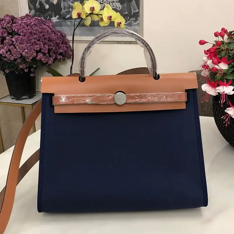 Hermes Herbag Bag Canvas Palladium Hardware In Navy Blue Brown