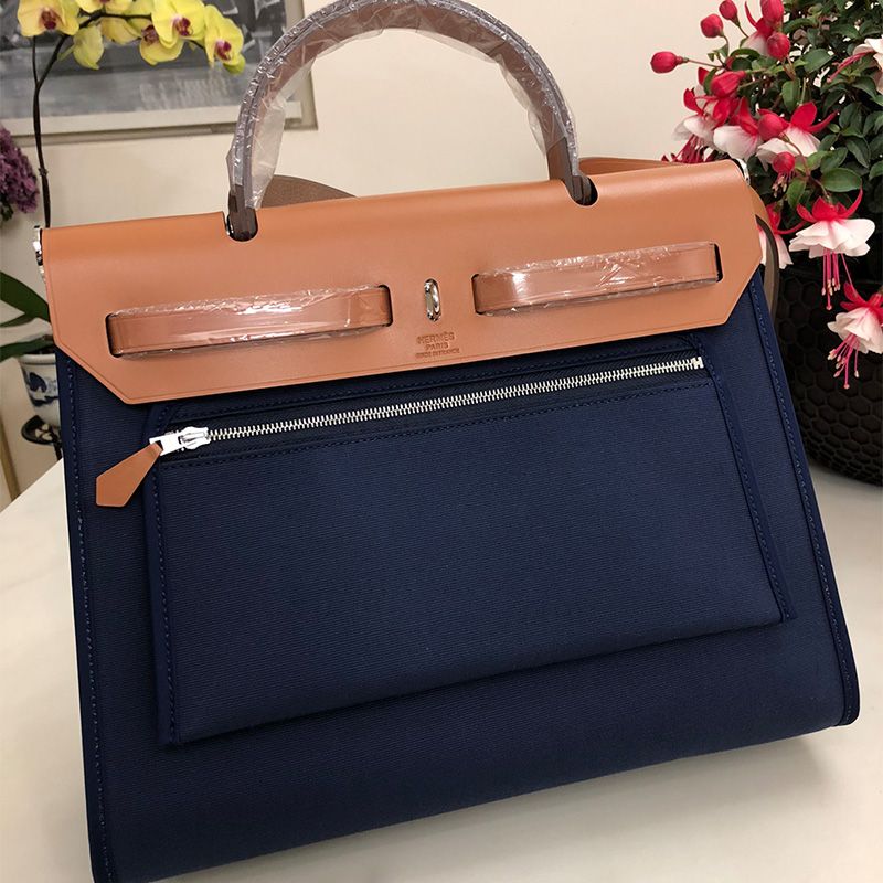 Hermes Herbag Bag Canvas Palladium Hardware In Navy Blue Brown