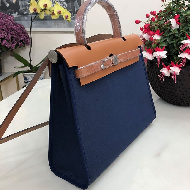 Hermes Herbag Bag Canvas Palladium Hardware In Navy Blue Brown