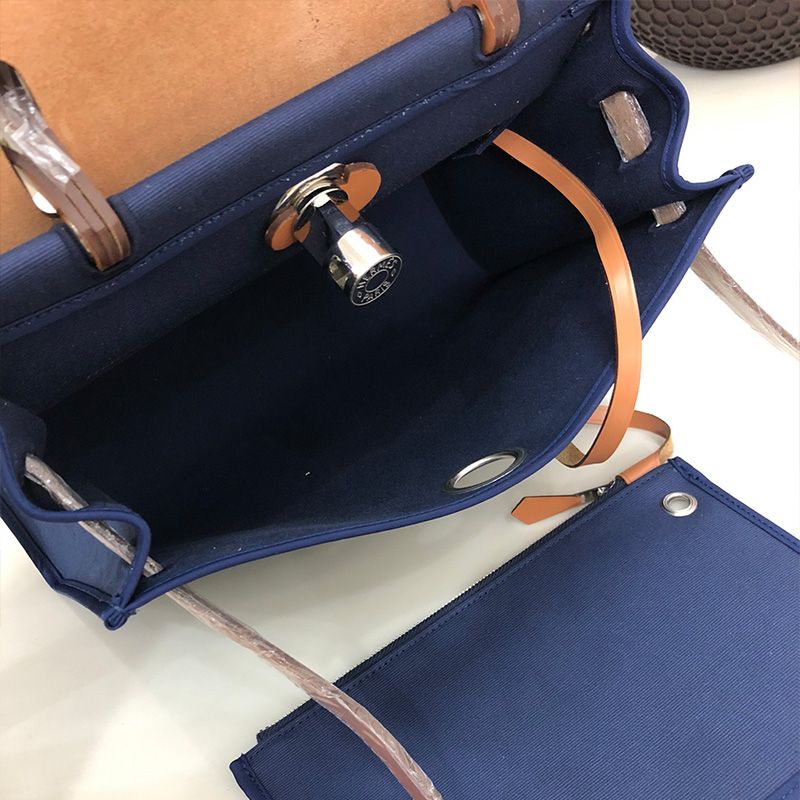 Hermes Herbag Bag Canvas Palladium Hardware In Navy Blue Brown