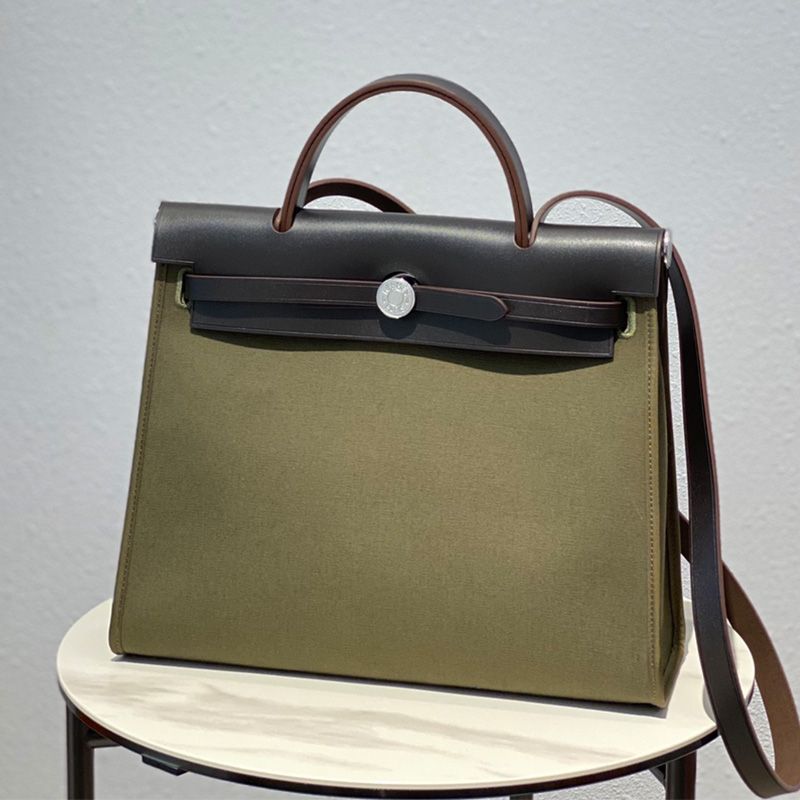 Hermes Herbag Bag Canvas Palladium Hardware In Olive Black