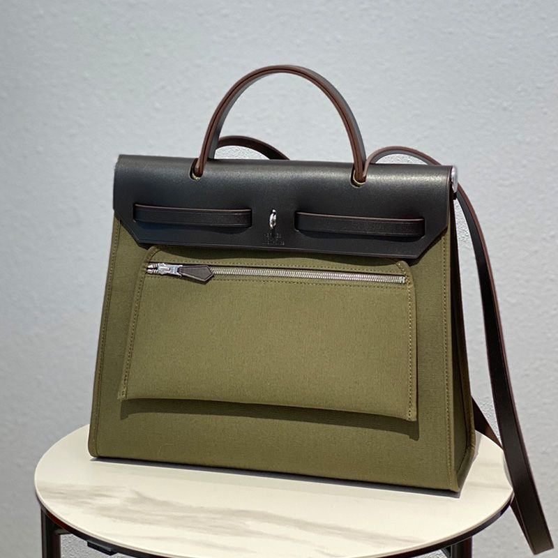 Hermes Herbag Bag Canvas Palladium Hardware In Olive Black