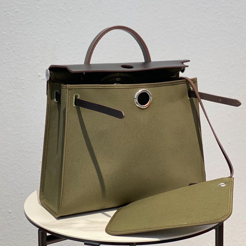 Hermes Herbag Bag Canvas Palladium Hardware In Olive Black