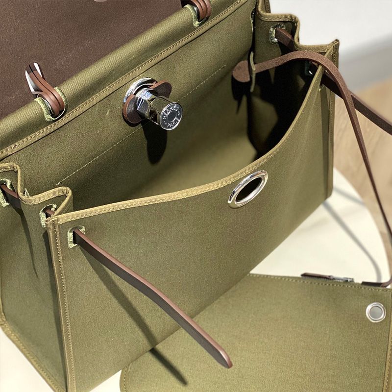 Hermes Herbag Bag Canvas Palladium Hardware In Olive Black