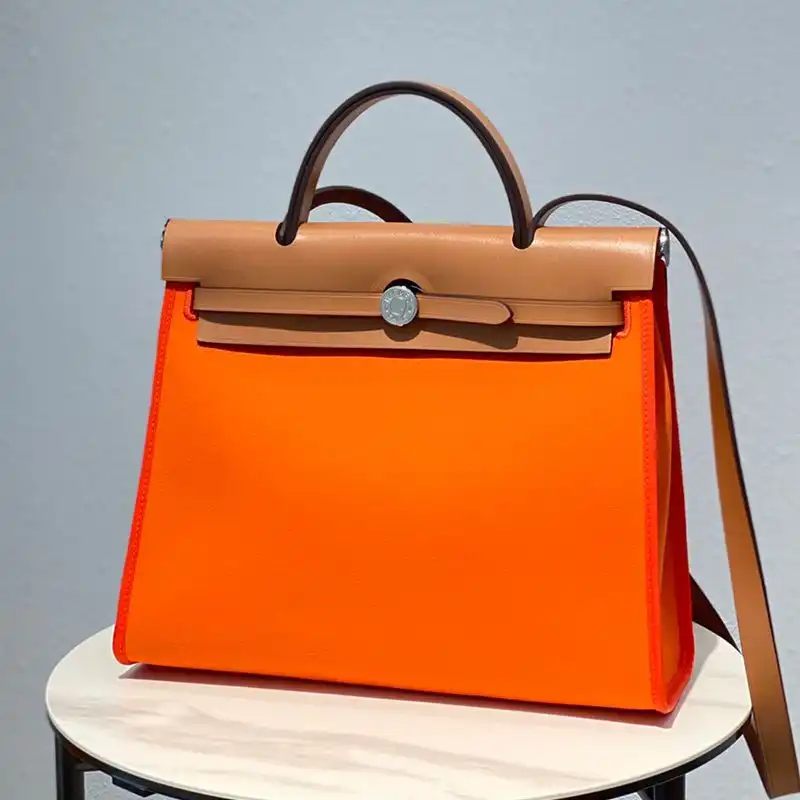 Hermes Herbag Bag Canvas Palladium Hardware In Orange Brown