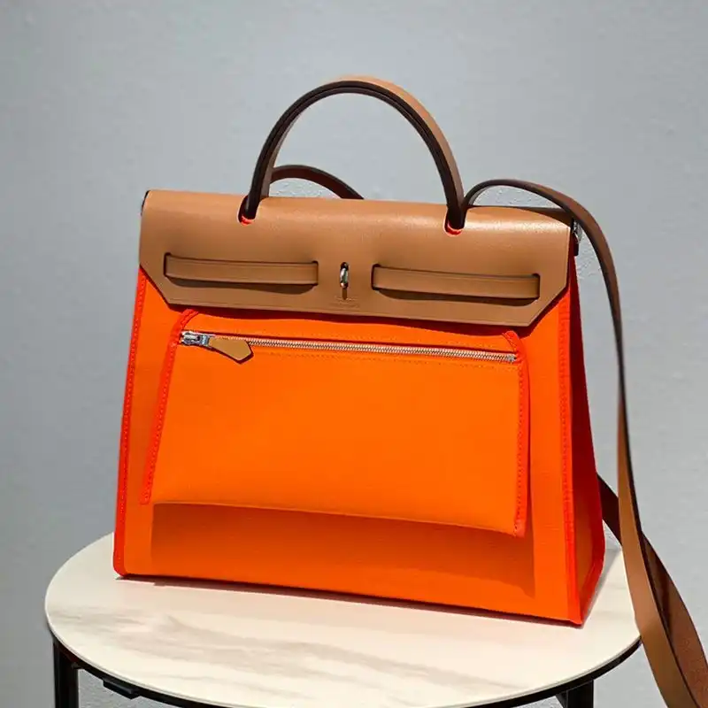 Affordable Hermes Herbag Bag Canvas Palladium Hardware In Orange Brown