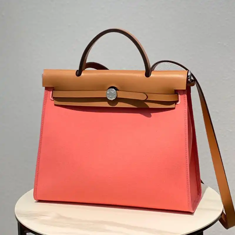 Hermes Herbag Bag Canvas Palladium Hardware In Pink Brown