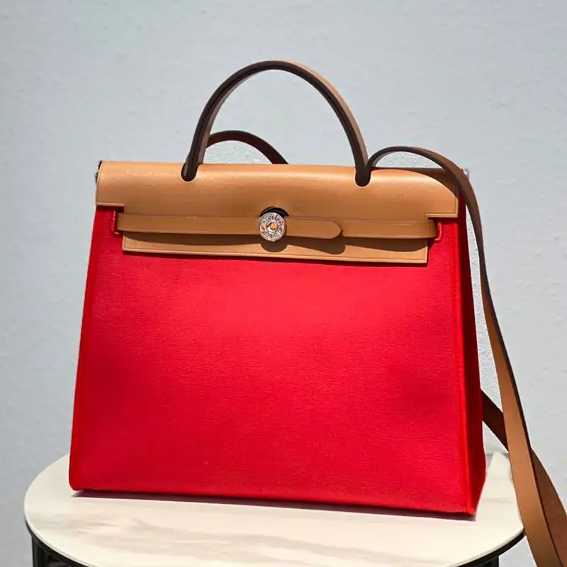 Hermes Herbag Bag Canvas Palladium Hardware In Red Brown