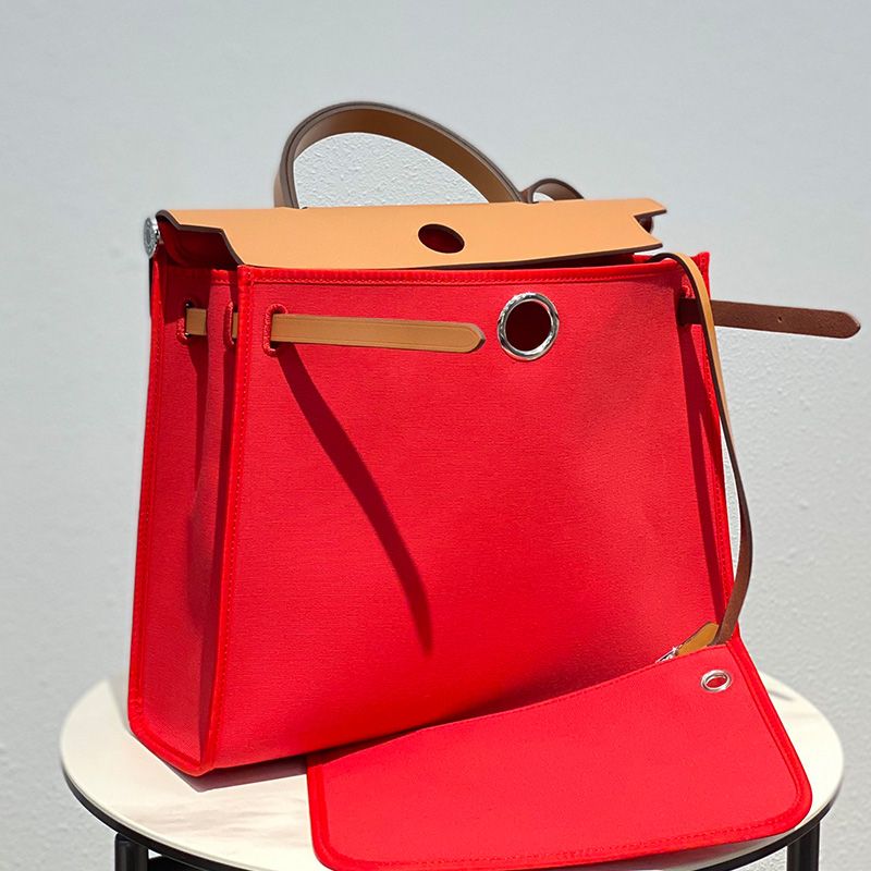 Hermes Herbag Bag Canvas Palladium Hardware In Red Brown