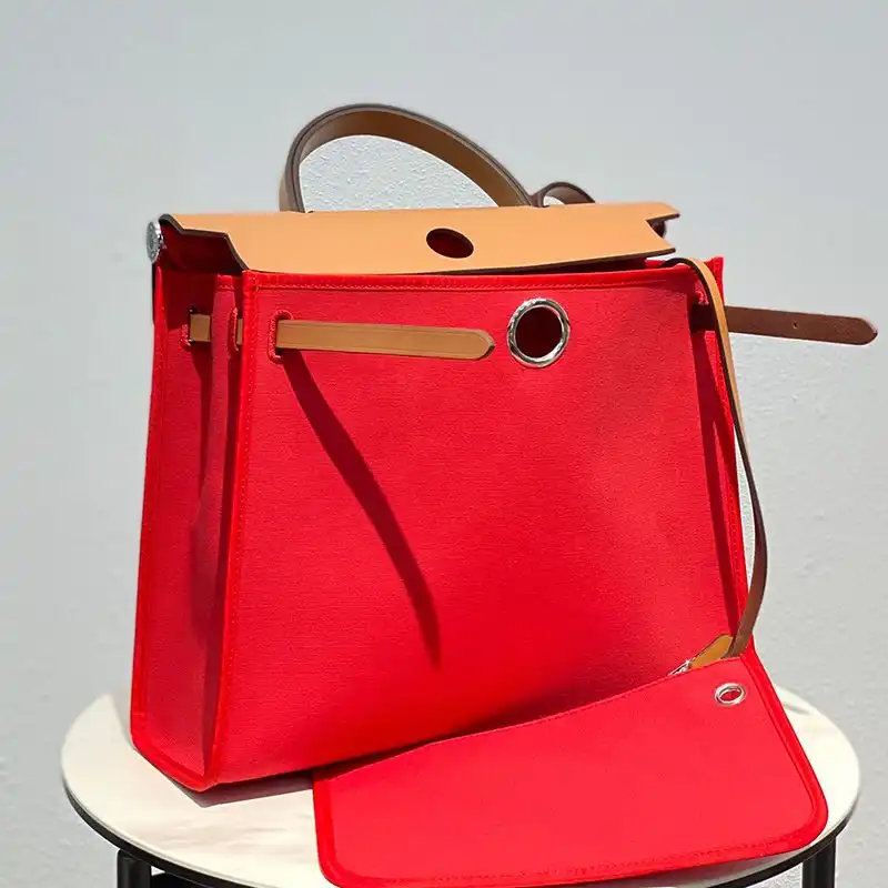 Affordable Hermes Herbag Bag Canvas Palladium Hardware In Red Brown