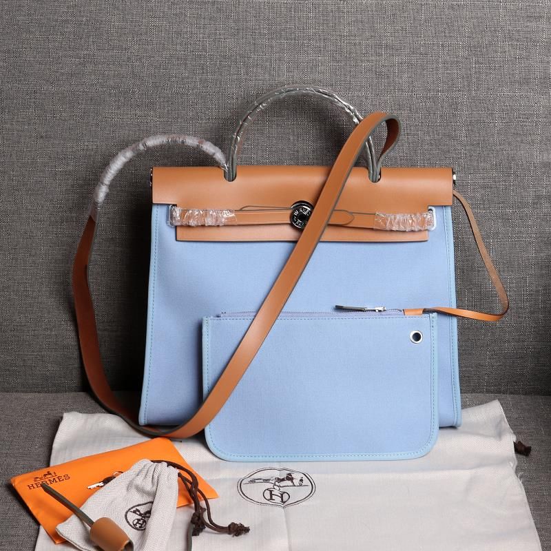 Hermes Herbag Bag Canvas Palladium Hardware In Sky Blue Brown