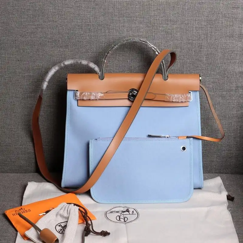 Affordable Hermes Herbag Bag Canvas Palladium Hardware In Sky Blue Brown