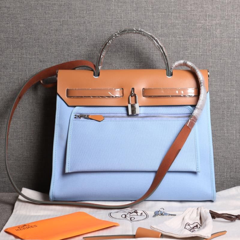 Hermes Herbag Bag Canvas Palladium Hardware In Sky Blue Brown