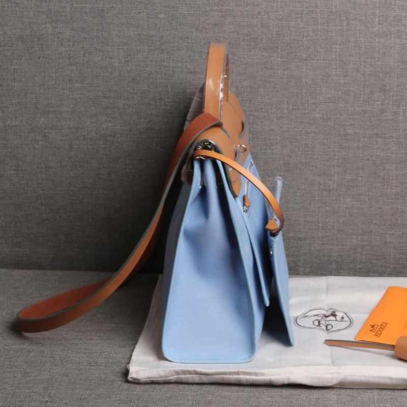 Hermes Herbag Bag Canvas Palladium Hardware In Sky Blue Brown