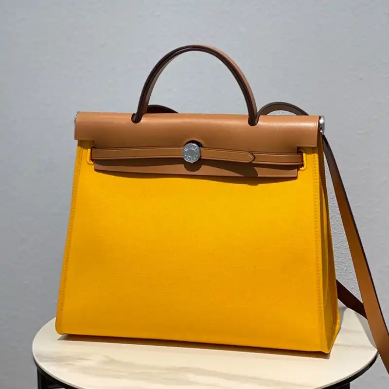 Hermes Herbag Bag Canvas Palladium Hardware In Yellow Brown