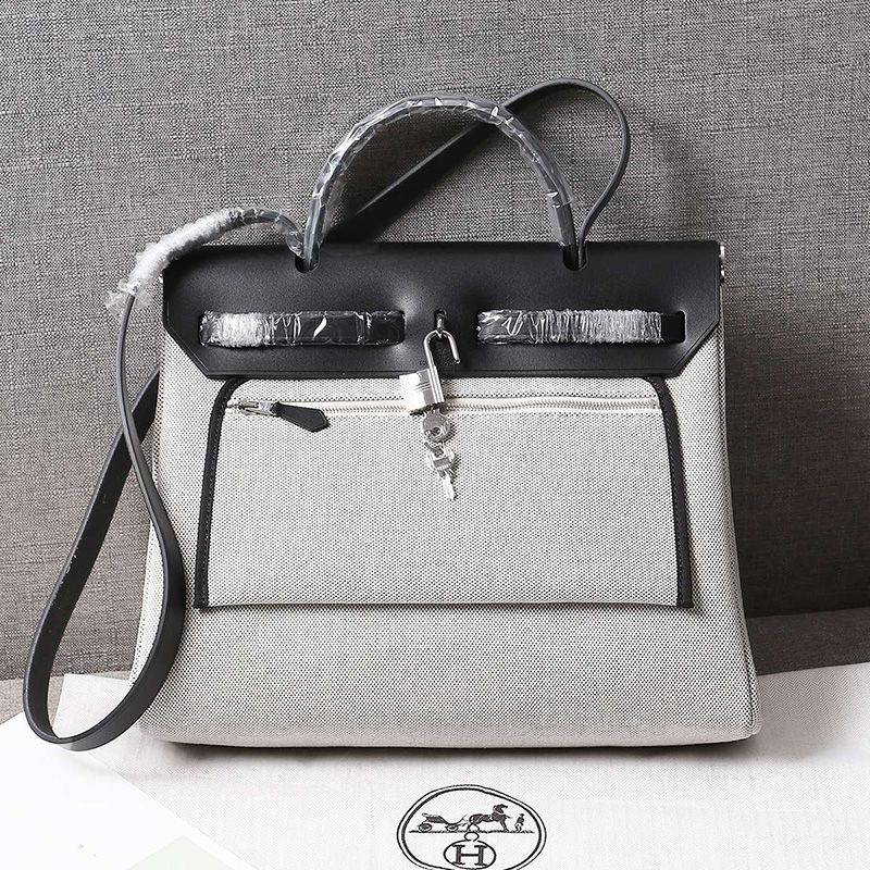 Hermes Herbag Bag Pegasus Canvas Palladium Hardware In Black