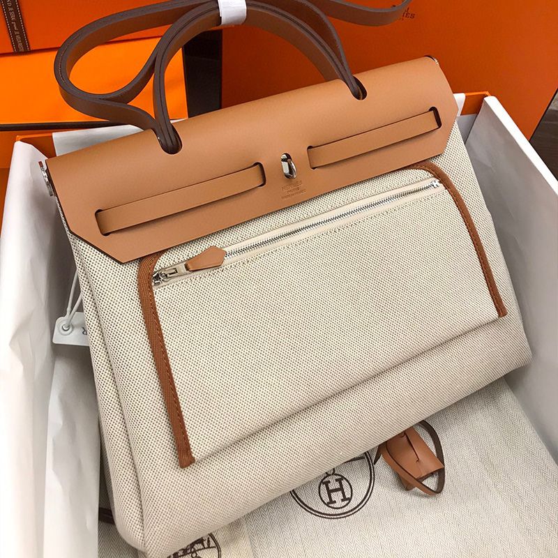 Hermes Herbag Bag Pegasus Canvas Palladium Hardware In Brown