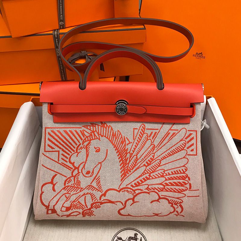 Hermes Herbag Bag Pegasus Canvas Palladium Hardware In Red