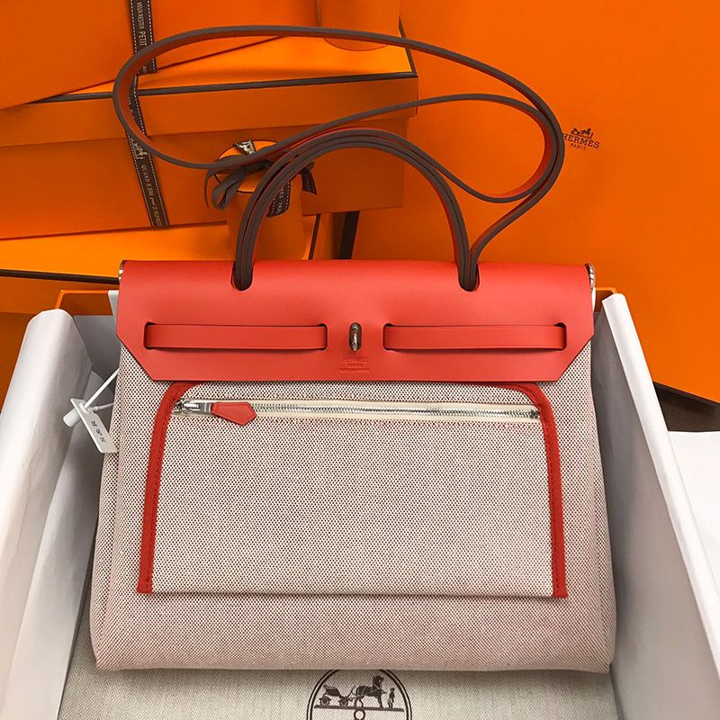 Hermes Herbag Bag Pegasus Canvas Palladium Hardware In Red