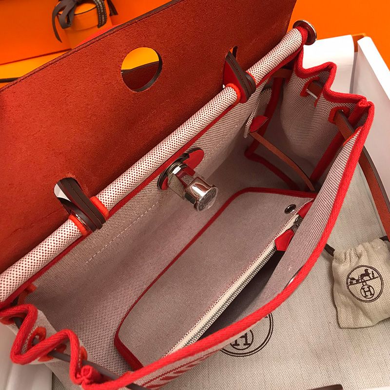 Hermes Herbag Bag Pegasus Canvas Palladium Hardware In Red