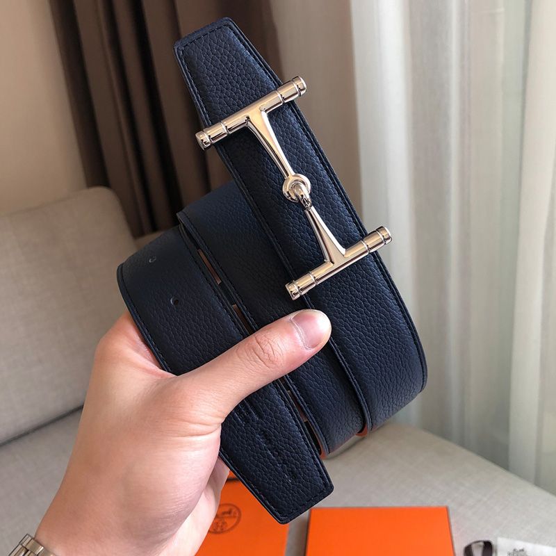 Hermes H Hippique Buckle 38MM Reversible Belt Togo Leather In Navy Blue