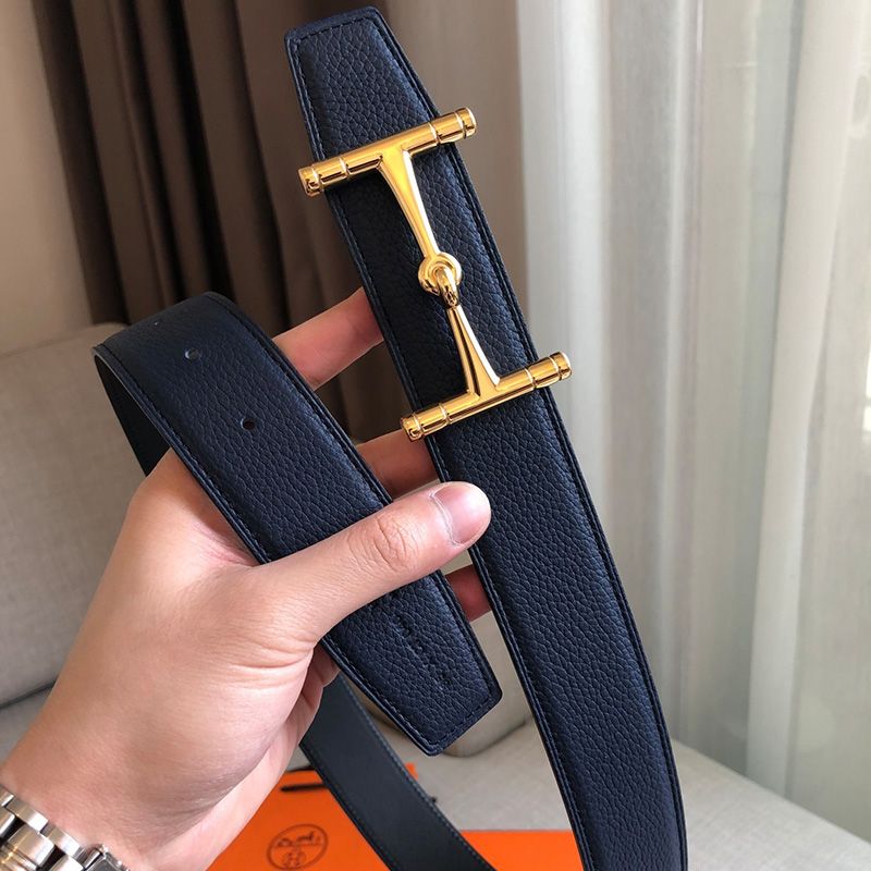 Hermes H Hippique Buckle 38MM Reversible Belt Togo Leather In Navy Blue