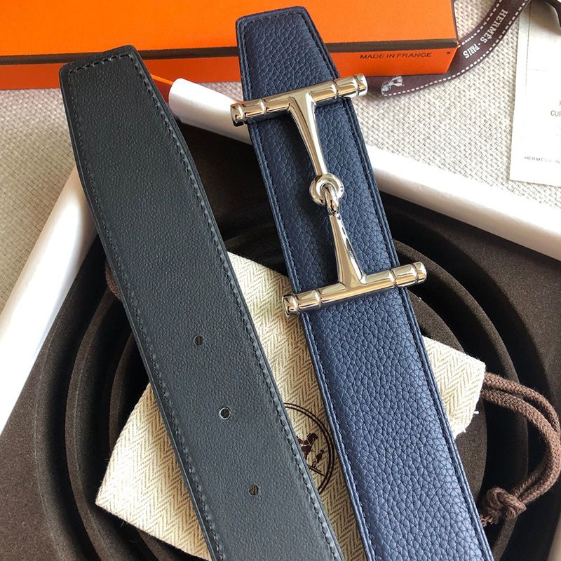 Hermes H Hippique Buckle 38MM Reversible Belt Togo Leather In Navy Blue